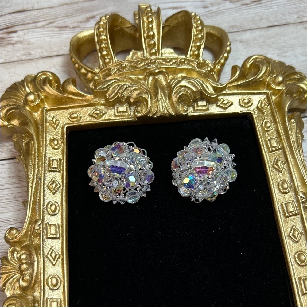 Vintage Crystal AB Cluster Clip On Earrings